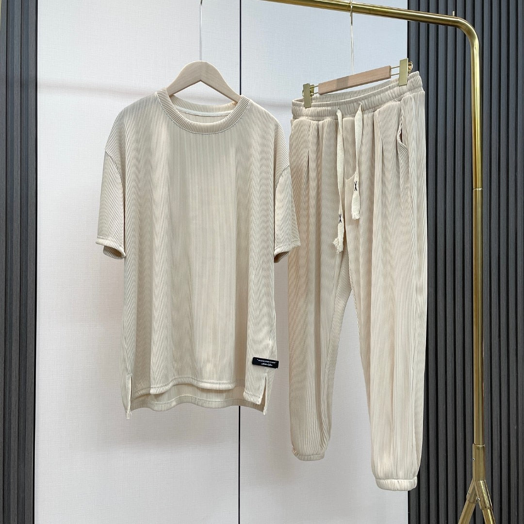 2022 Men's Summer Leisure Sports Suit Ice Silk Stretch Two-piece Short Sleeve Top Casual Trousers Sports Suit