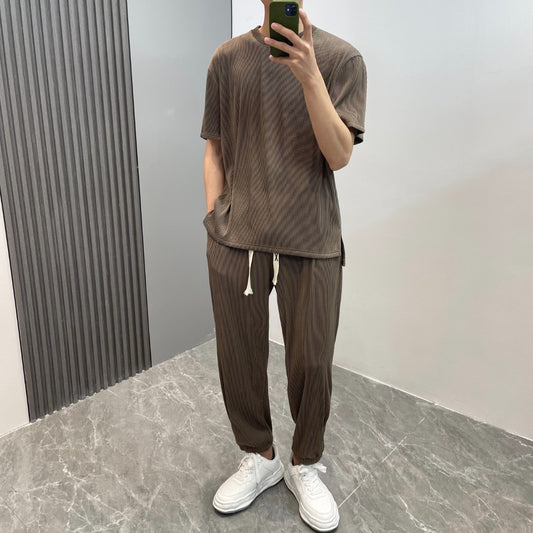 2022 Men's Summer Leisure Sports Suit Ice Silk Stretch Two-piece Short Sleeve Top Casual Trousers Sports Suit