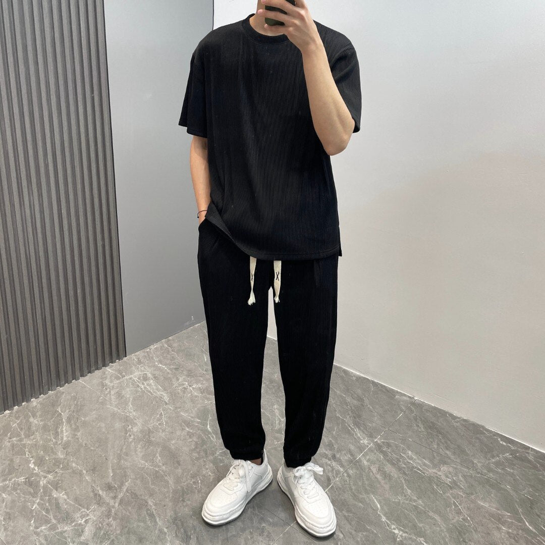 2022 Men's Summer Leisure Sports Suit Ice Silk Stretch Two-piece Short Sleeve Top Casual Trousers Sports Suit