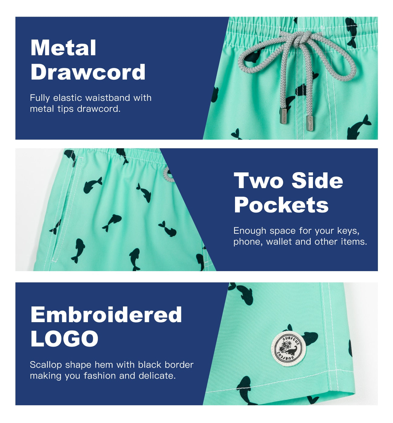 SURFCUZ Men's Beach Shorts Surfing Boardshorts with Mesh Lining Mens Swimwear Beachwear Quick Dry Swimming Trunks for Men